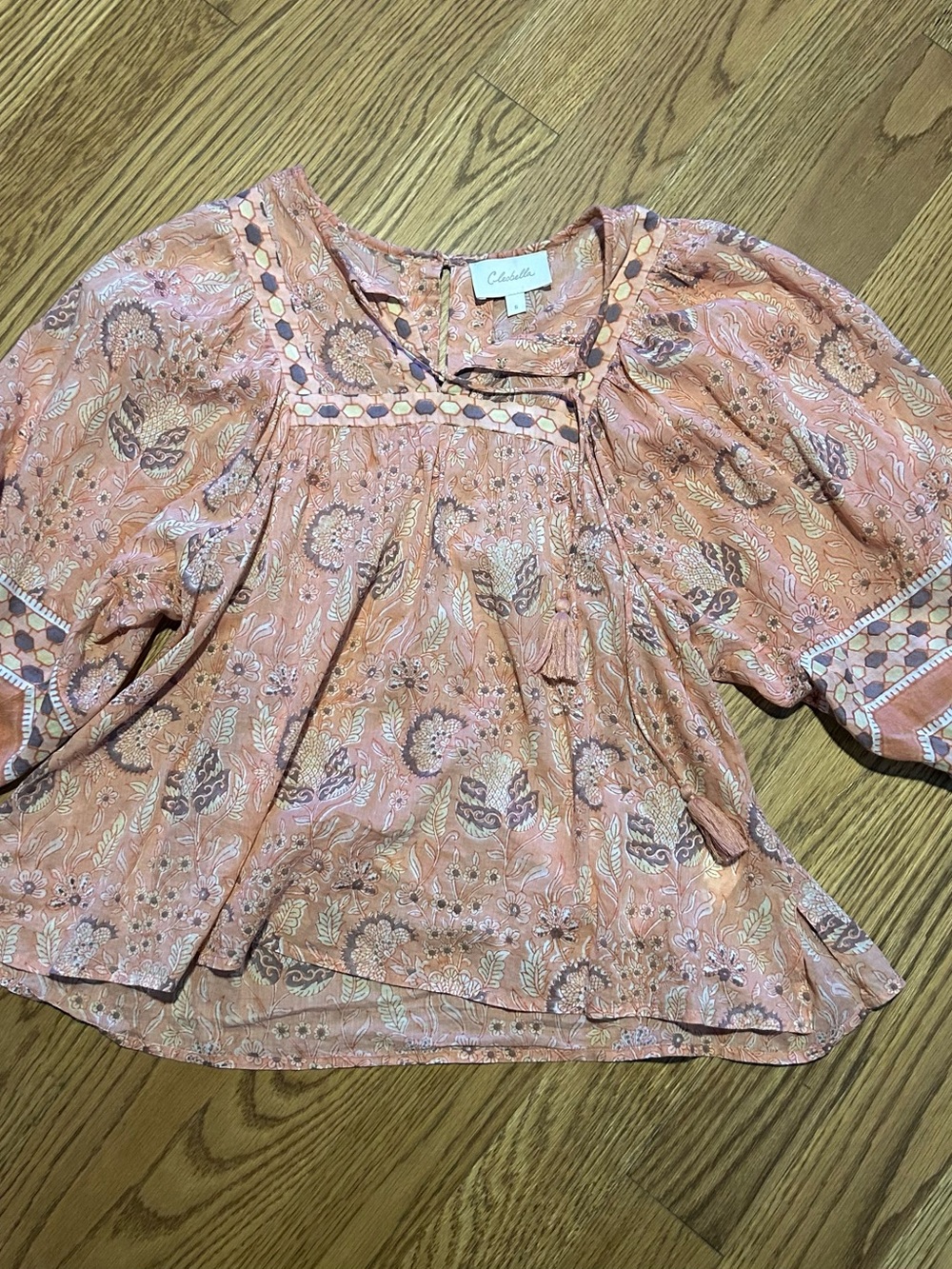 *Cleobella Boho Blouse S Organic Cotton Peach Floral Tassel Top Festival Chic - Picture 3 of 10